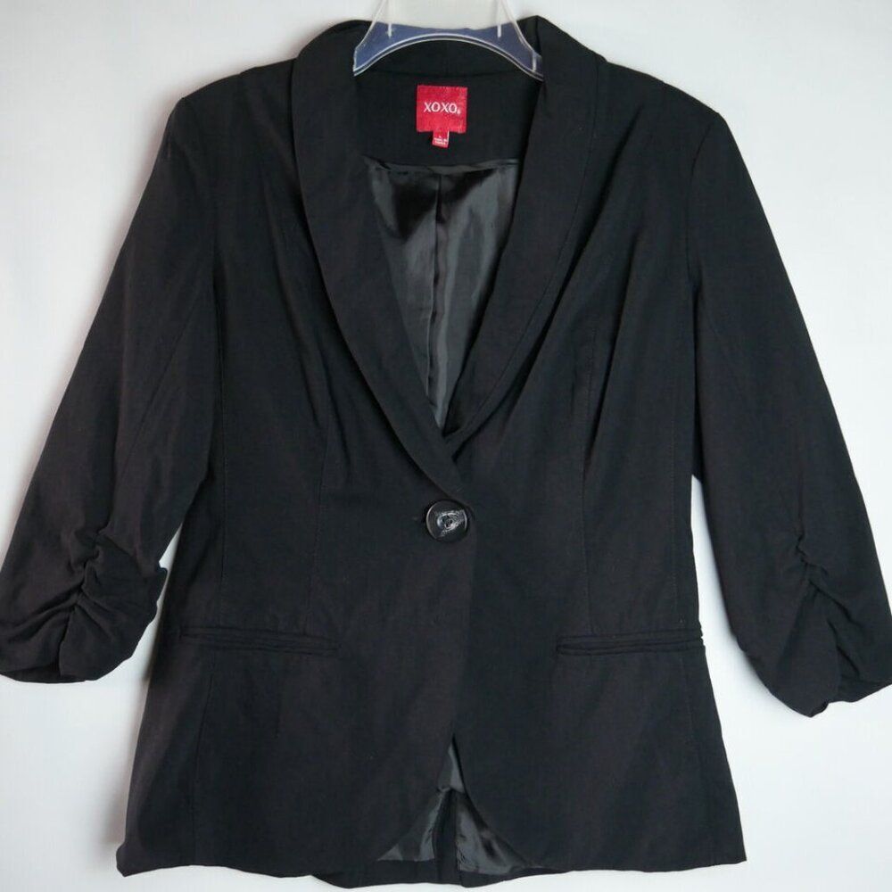 XOXO Women's L Black Blazer Jacket Cinched Sleeves One Button Business Casual